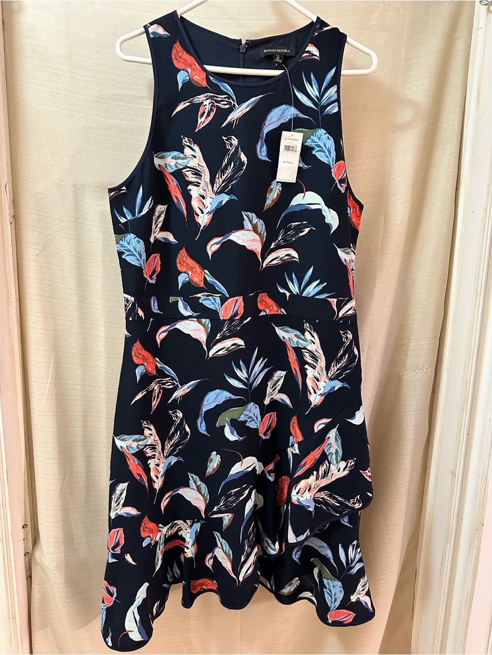 Banana Republic Floral Leaf Print Fit & Flare Dress Navy Blue Size 14 Tall